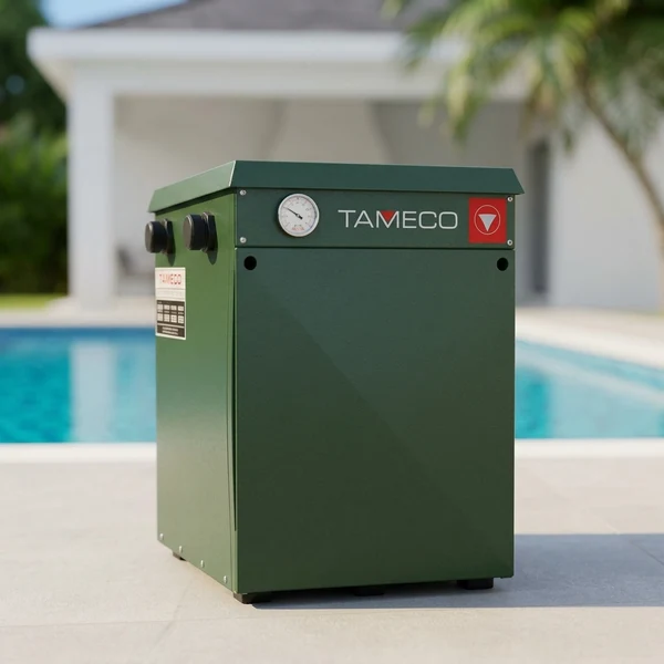 Calefactor de piscina Tameco CP-30 instalado junto a una pileta